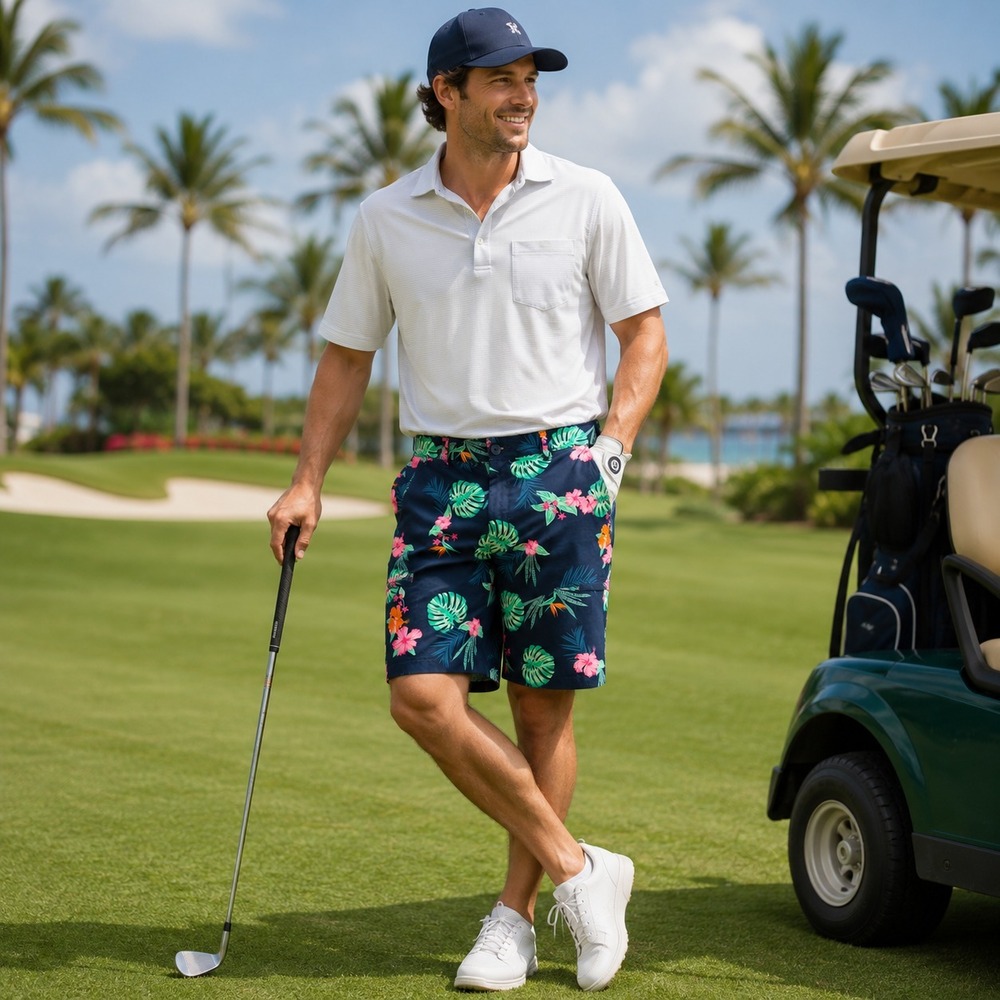 Birdie Bound Mens Tropical Floral Performance Golf Shorts Sz 36 Navy Stretch